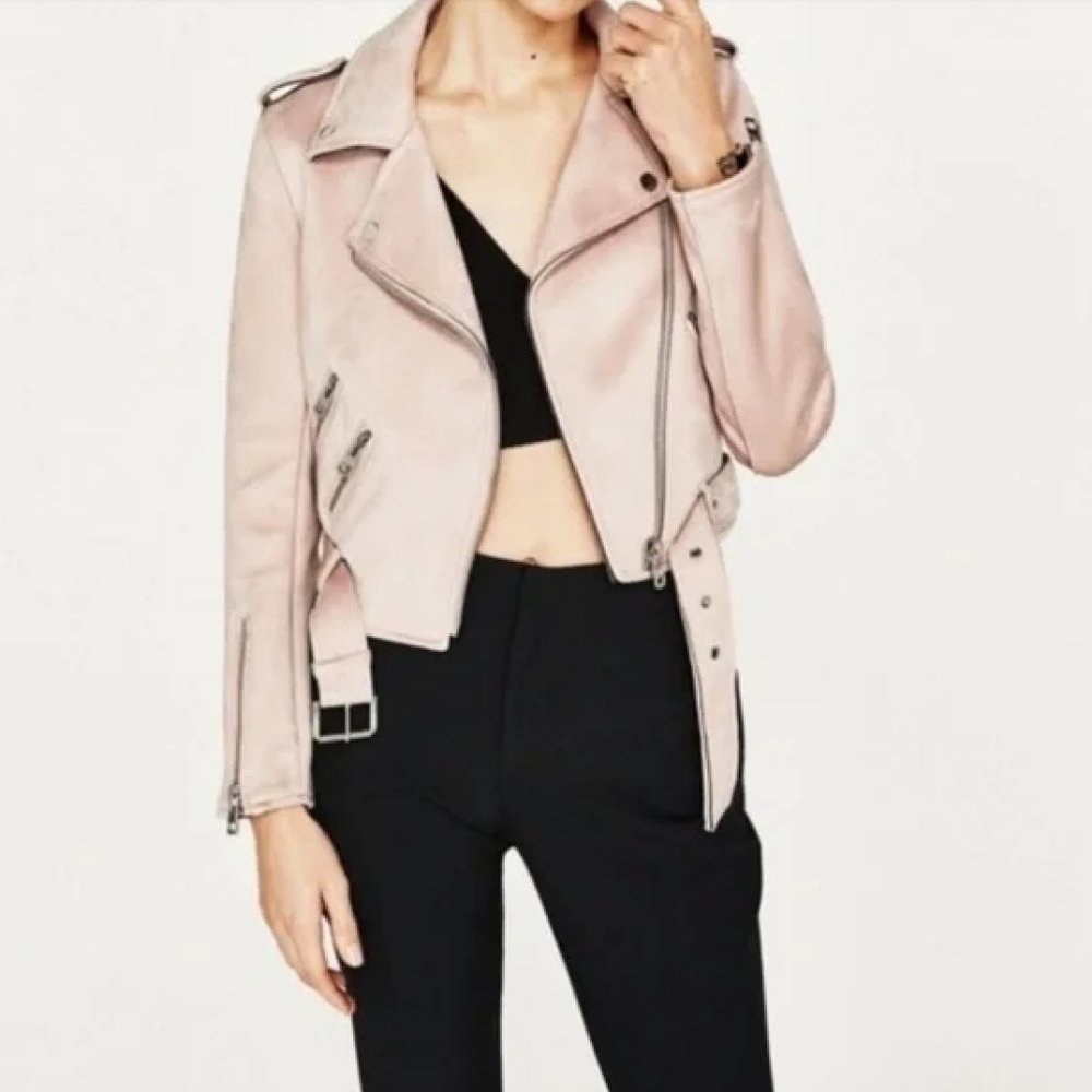 Zara Light Pink Suede Moto Jacket
